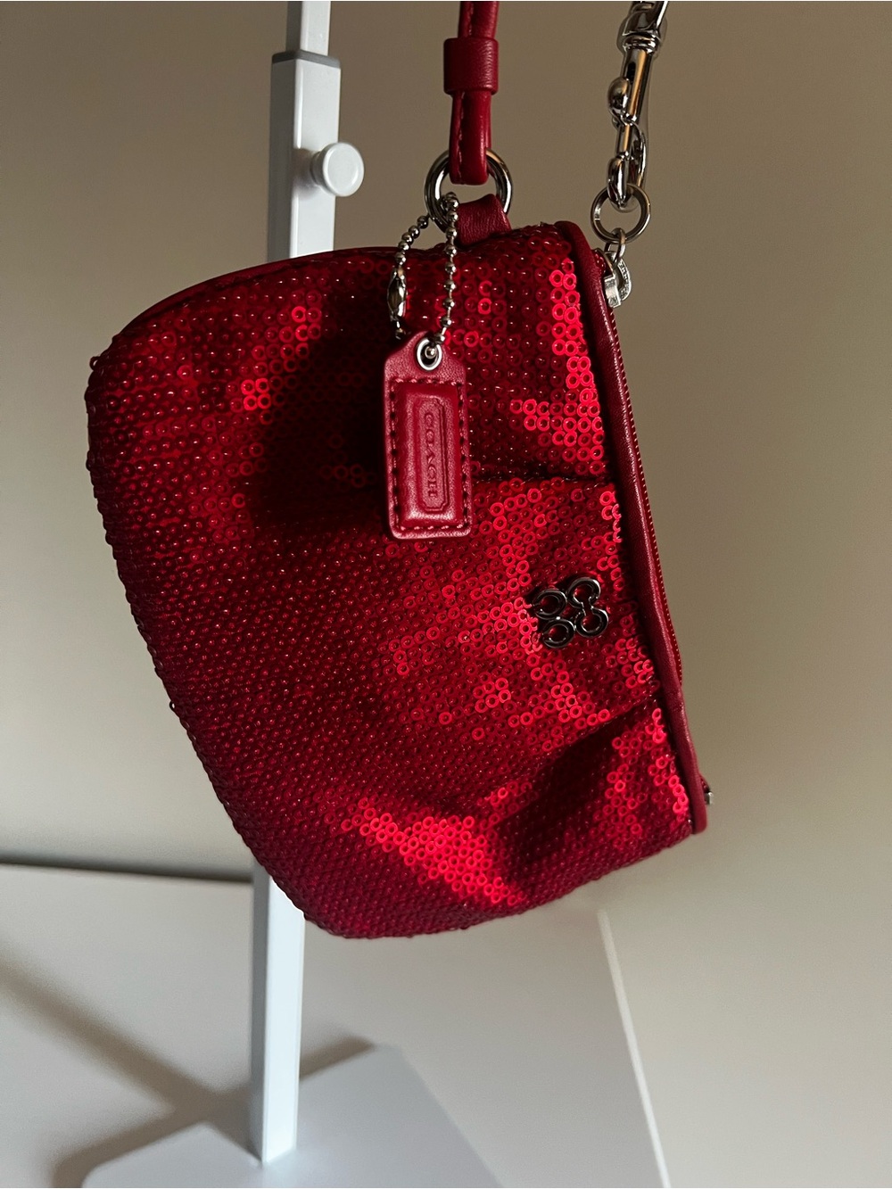 Coach Red Sequin Wristlet Pouch with Charm